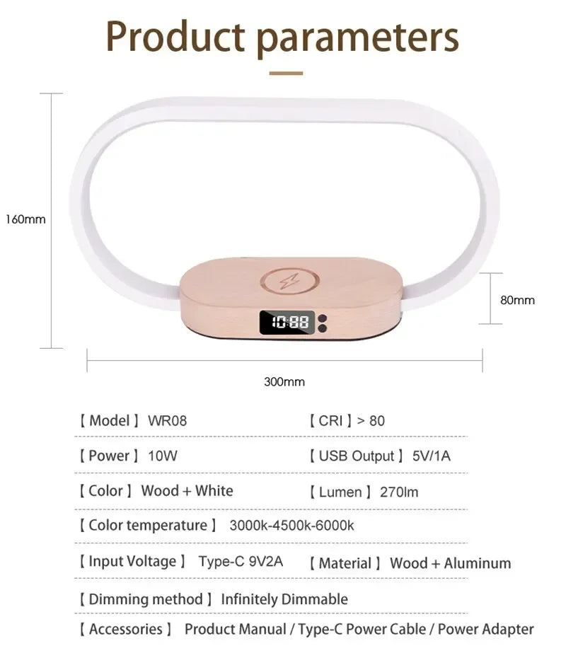 Wireless Charger Multifunction  Pad Stand Clock LED Desk Lamp Night Light